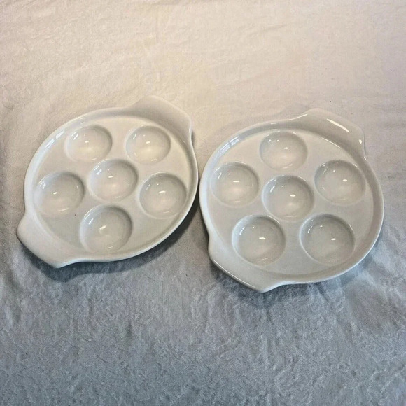 2 PC White Porcelain 6 Hole Escargot Snail / Mushroom Dishes Footed - Picture 1 of 6